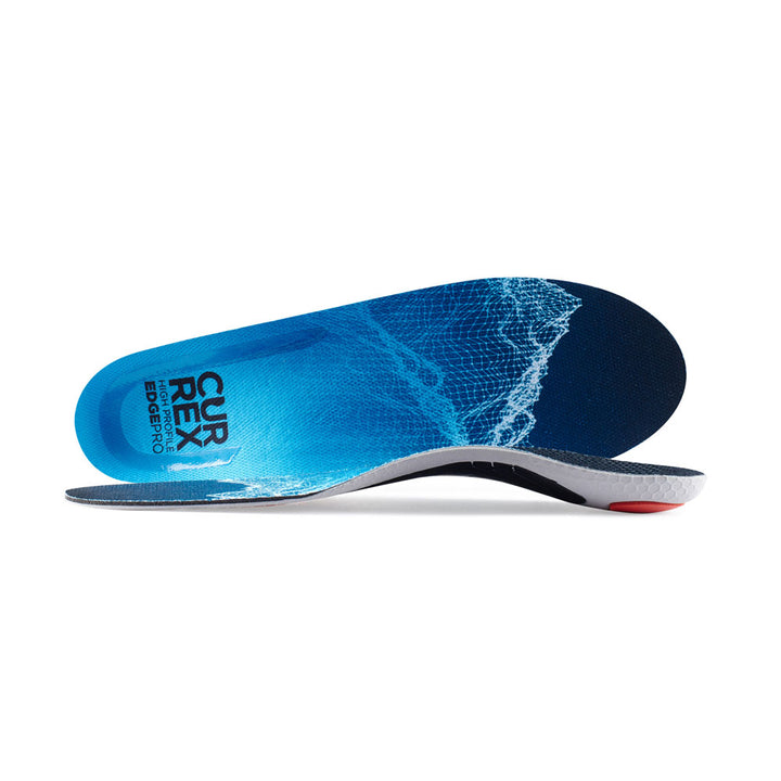 View of pair of blue high profile EDGEPRO insoles, one standing on side to show top of insole, second insole set in front showing its profile while toe is facing opposite direction #profile_high