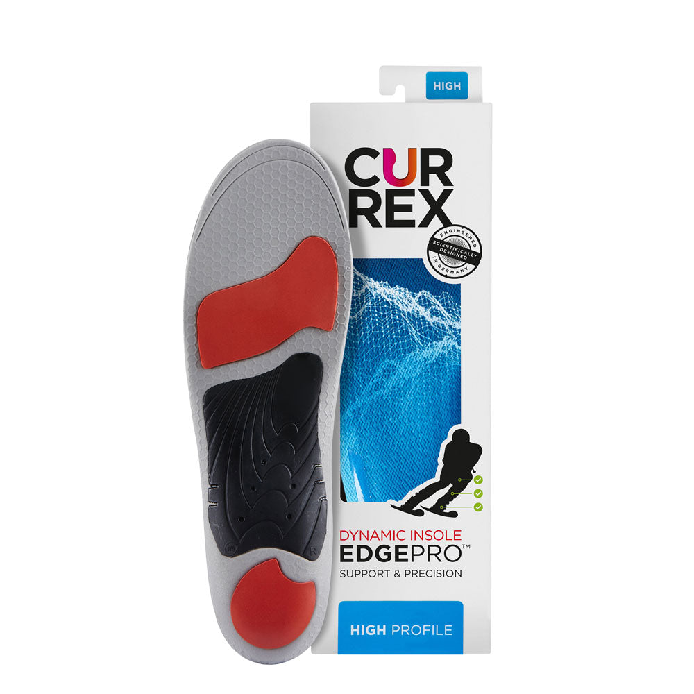 CURREX EDGEPRO insole with gray, red and black base next to white box with blue insole inside #profile_high