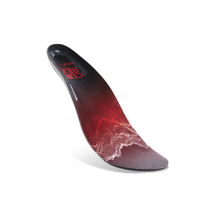 Floating top view of red colored EDGEPRO low profile insoles with gray, red and black base #profile_low