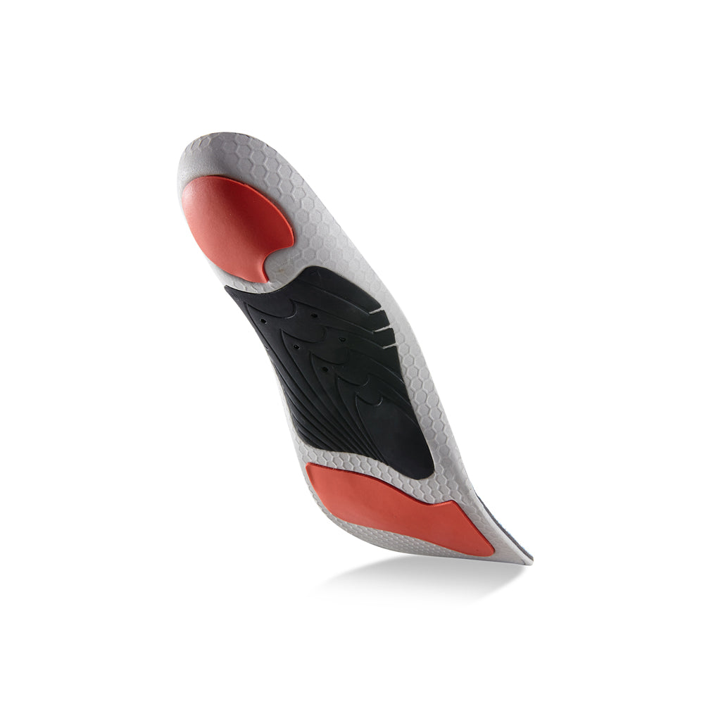 Floating base view of EDGEPRO low profile insoles with black arch support, red heel pad, red forefoot cushioning pad, gray, red and black base #profile_low