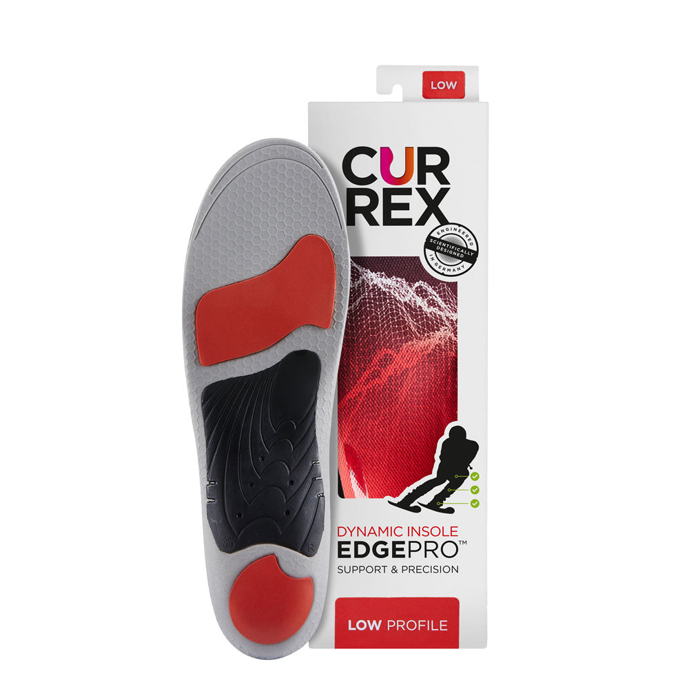 CURREX EDGEPRO insole with gray, red and black base next to white box with red insole inside #profile_low