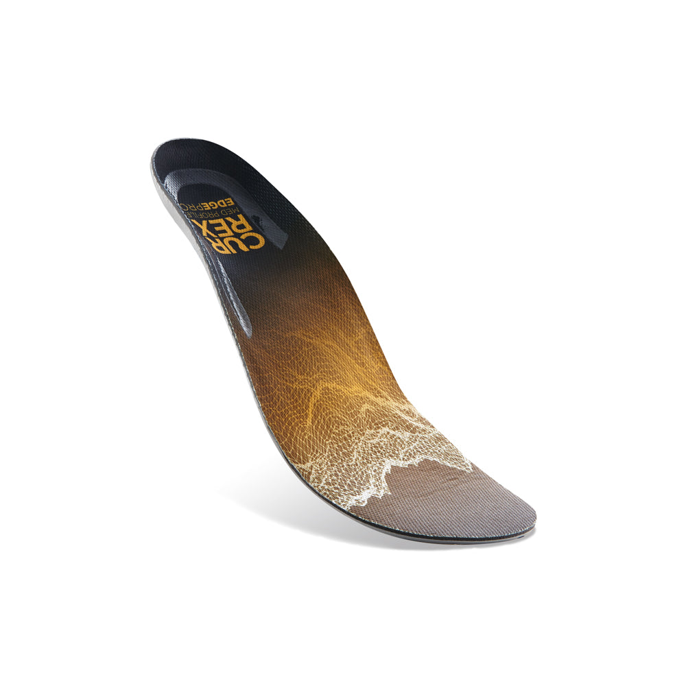 Floating top view of yellow colored EDGEPRO medium profile insoles with gray, red and black base #profile_medium