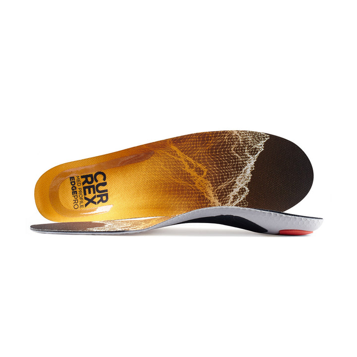 View of pair of yellow medium profile EDGEPRO insoles, one standing on side to show top of insole, second insole set in front showing its profile while toe is facing opposite direction #profile_medium