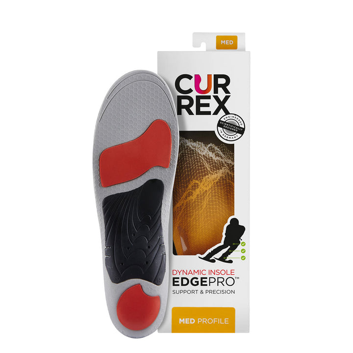 CURREX EDGEPRO insole with gray, red and black base next to white box with yellow insole inside #profile_medium