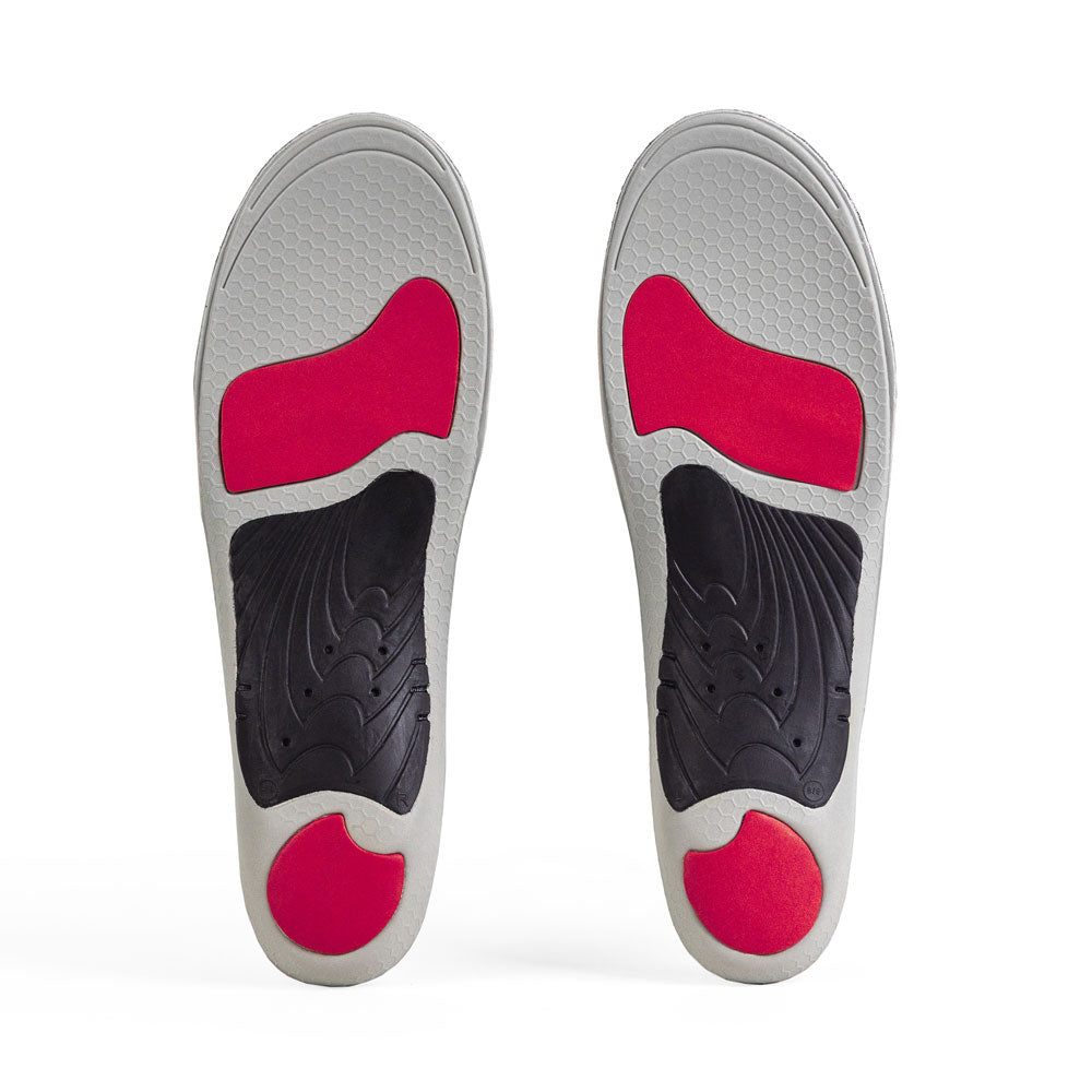 Base view of EDGEPRO low profile insole pair with black arch support, red heel pad, red forefoot cushioning pad, gray base #profile_low