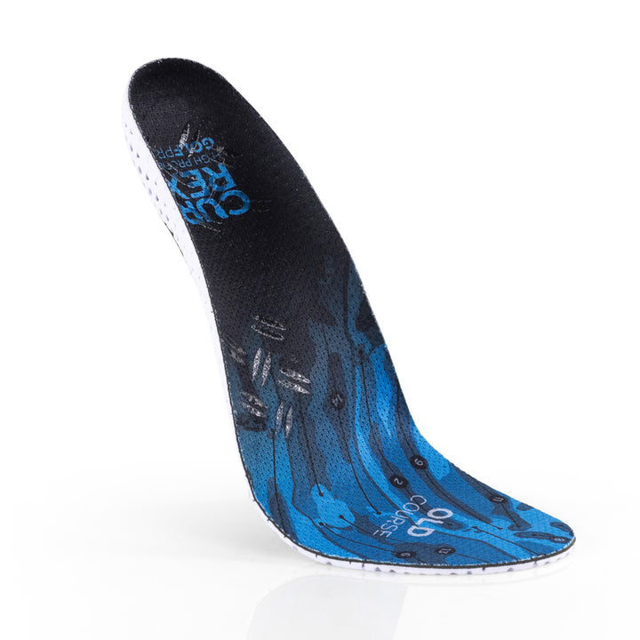 Floating top view of blue colored GOLFPRO high profile insoles with white and black base #profile_high