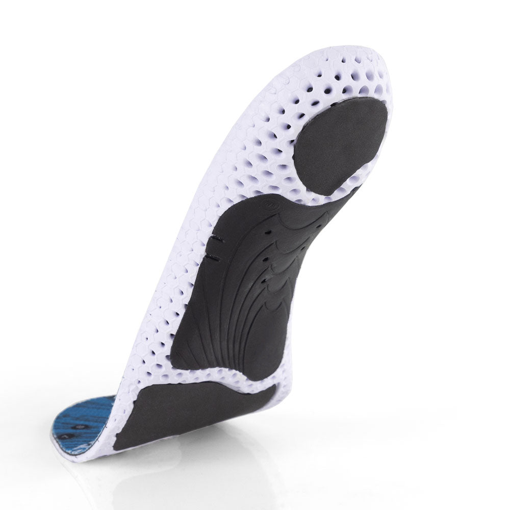 Floating base view of GOLFPRO high profile insoles with black arch support, black heel pad, black forefoot cushioning pad, white and black base #profile_high