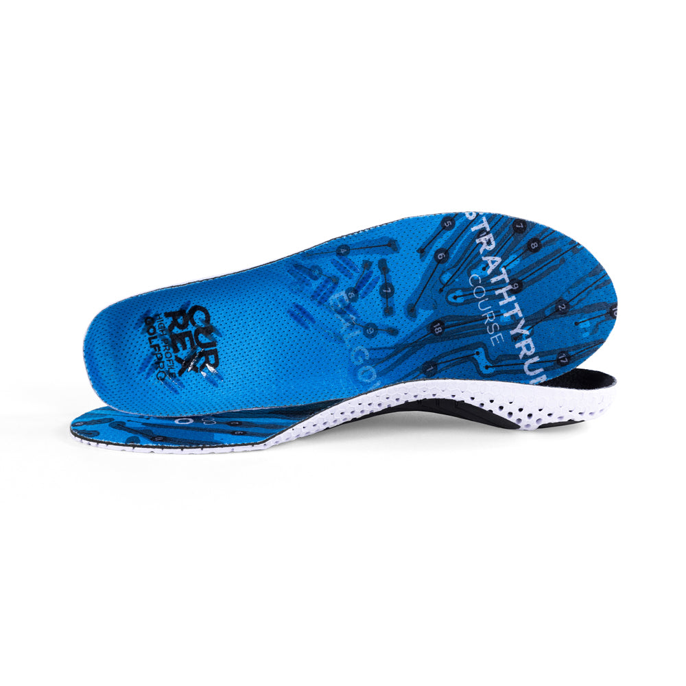 View of pair of blue high profile GOLFPRO insoles, one standing on side to show top of insole, second insole set in front showing its profile while toe is facing opposite direction #profile_high