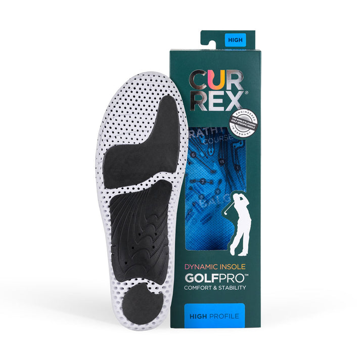 CURREX GOLFPRO insole with white and black base next to dark green box with blue insole inside #profile_high