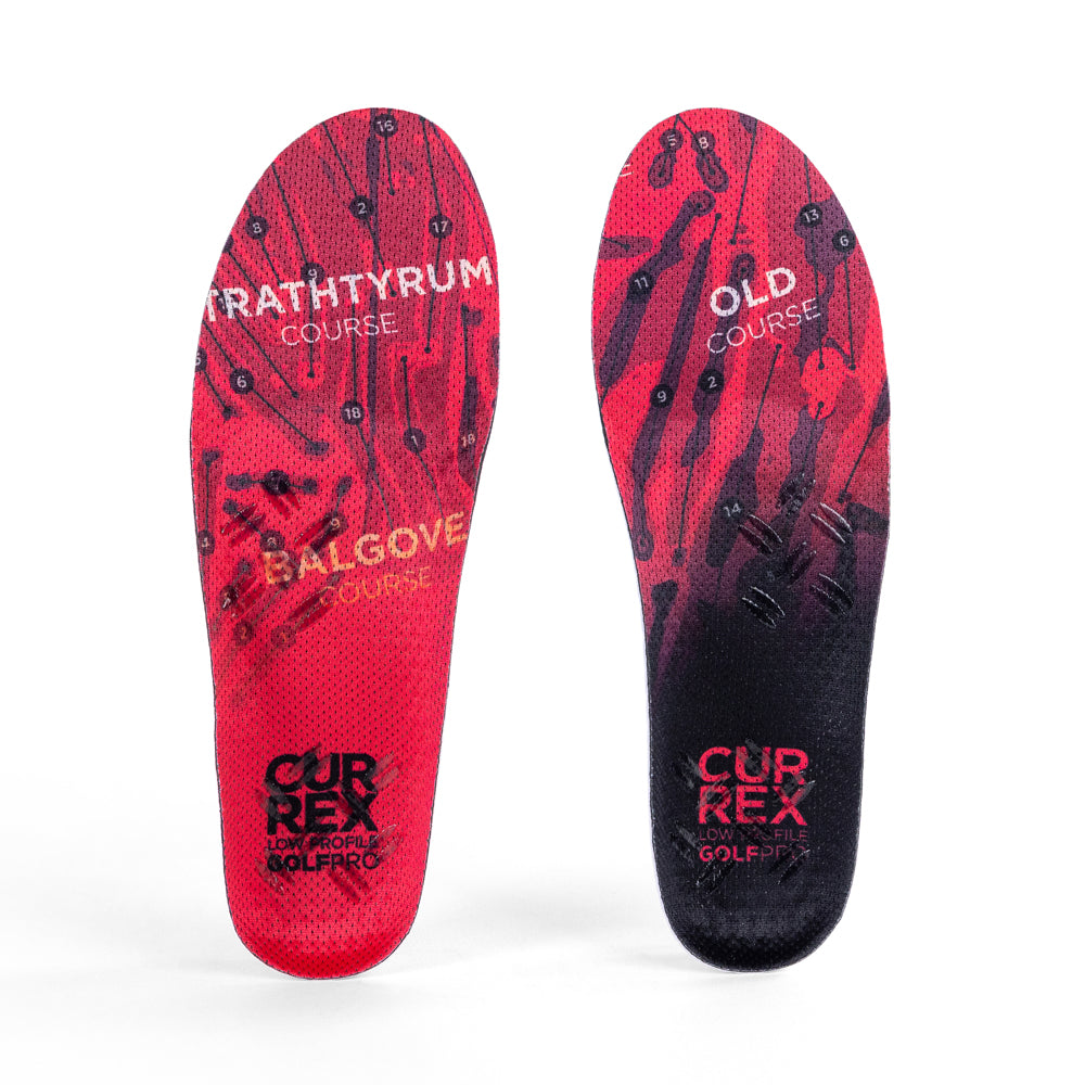 Top view of red colored GOLFPRO low profile pair of insoles #profile_low