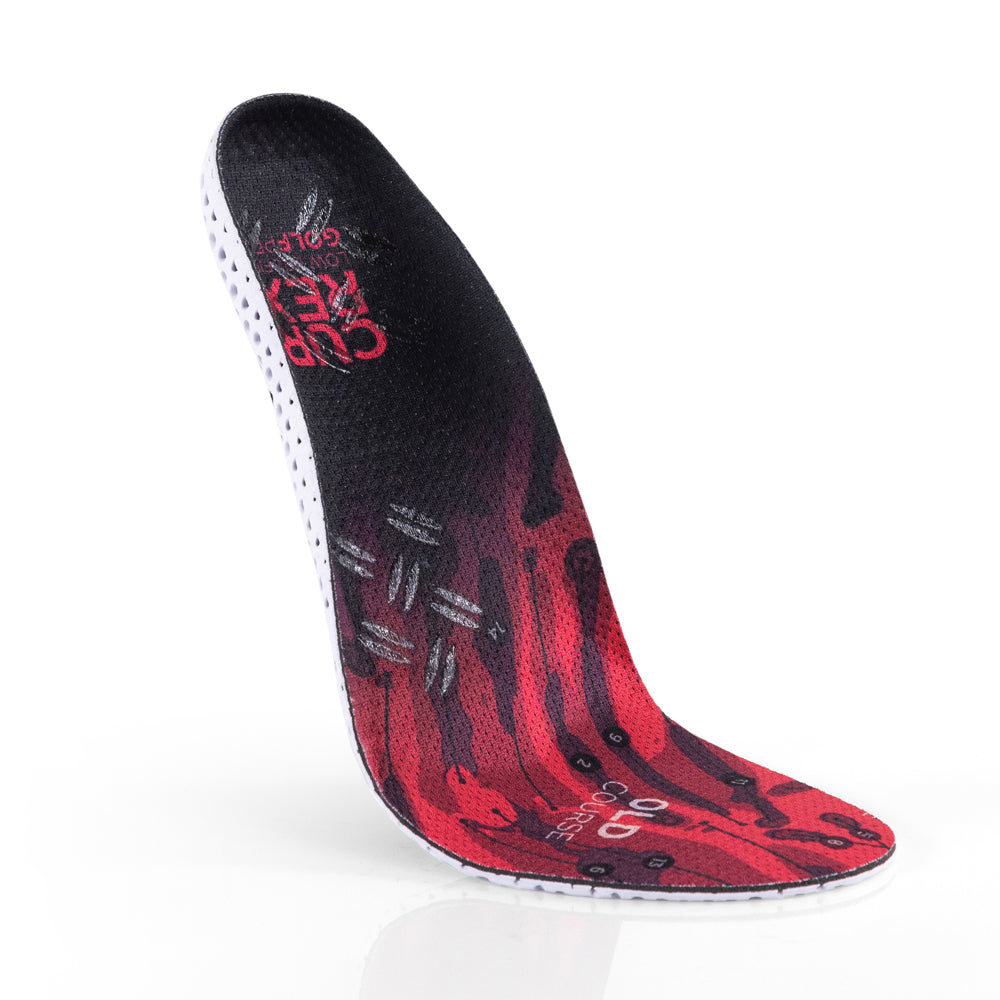 Floating top view of red colored GOLFPRO low profile insoles with white and black base #profile_low