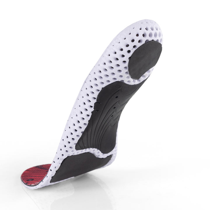 Floating base view of GOLFPRO low profile insoles with black arch support, black heel pad, black forefoot cushioning pad, white and black base #profile_low