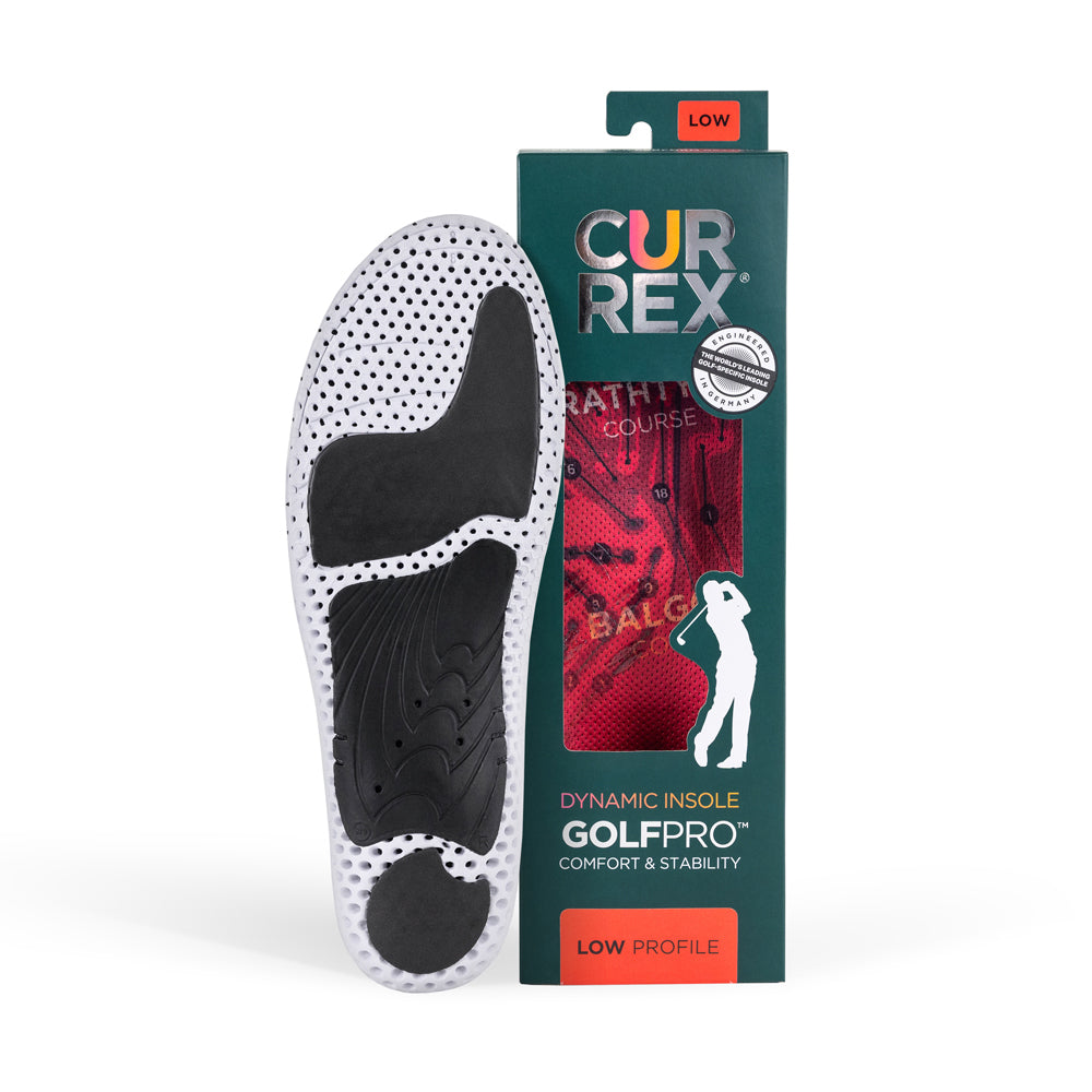 CURREX GOLFPRO insole with white and black base next to dark green box with red insole inside #profile_low