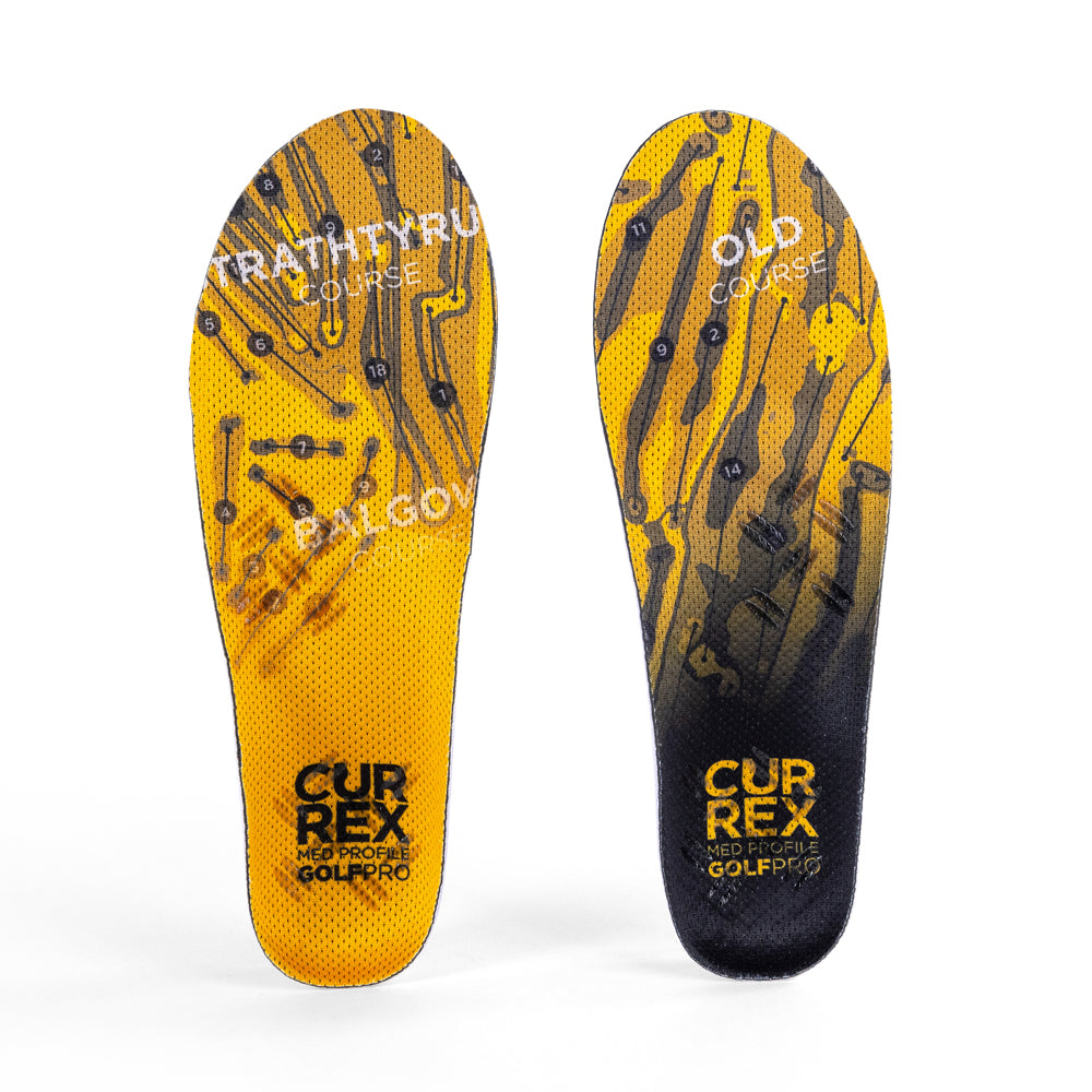 Top view of yellow colored GOLFPRO medium profile pair of insoles #profile_medium