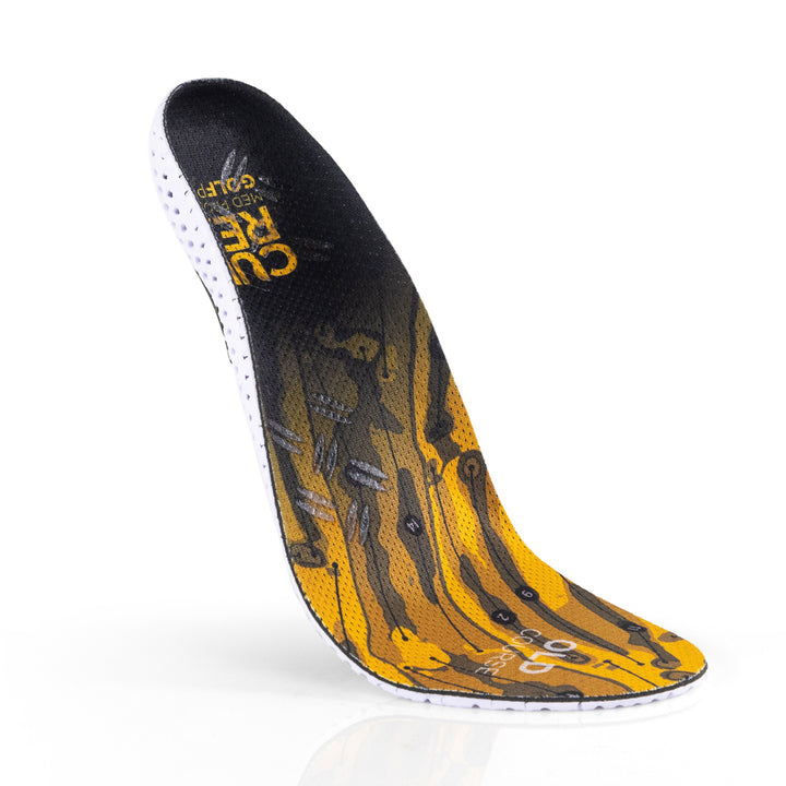 Floating top view of yellow colored GOLFPRO medium profile insoles with white and black base #profile_medium
