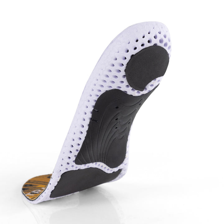 Floating base view of GOLFPRO medium profile insoles with black arch support, black heel pad, black forefoot cushioning pad, white and black base #profile_medium
