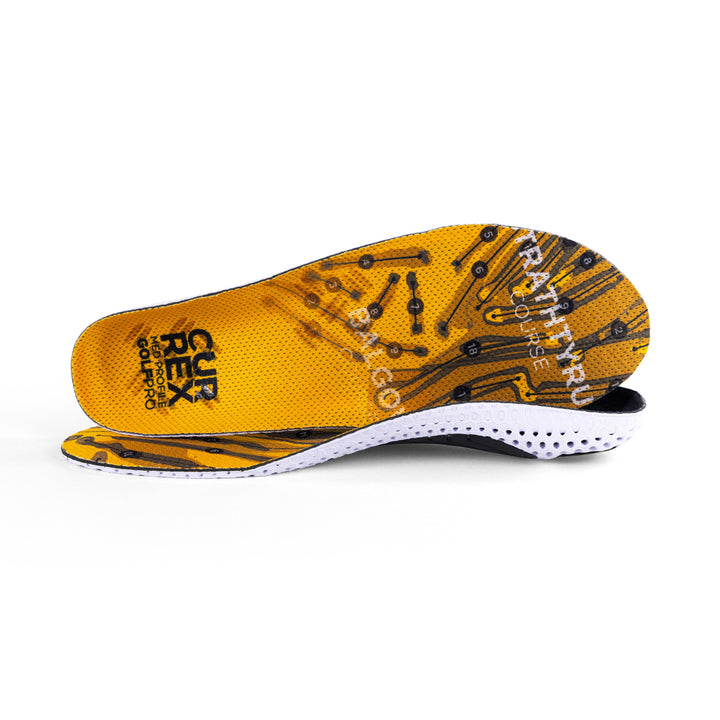 View of pair of yellow medium profile GOLFPRO insoles, one standing on side to show top of insole, second insole set in front showing its profile while toe is facing opposite direction #profile_medium