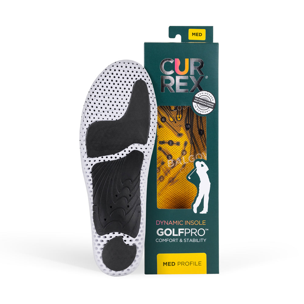 CURREX GOLFPRO insole with white and black base next to dark green box with yellow insole inside #profile_medium