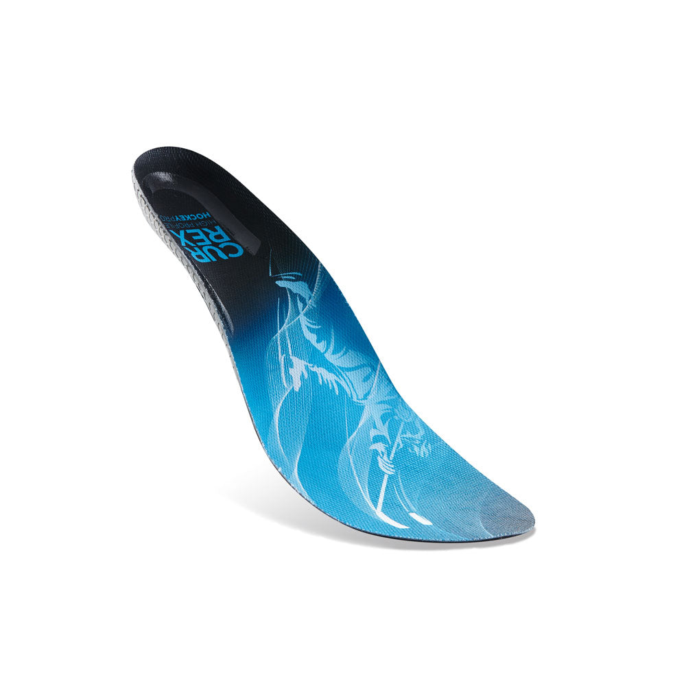 Floating top view of blue colored HOCKEYPRO high profile insoles with gray and black base #profile_high