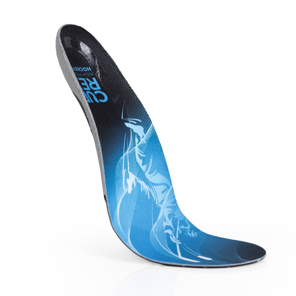 Floating top view of blue colored HOCKEYPRO high profile insoles with gray and black base #profile_high