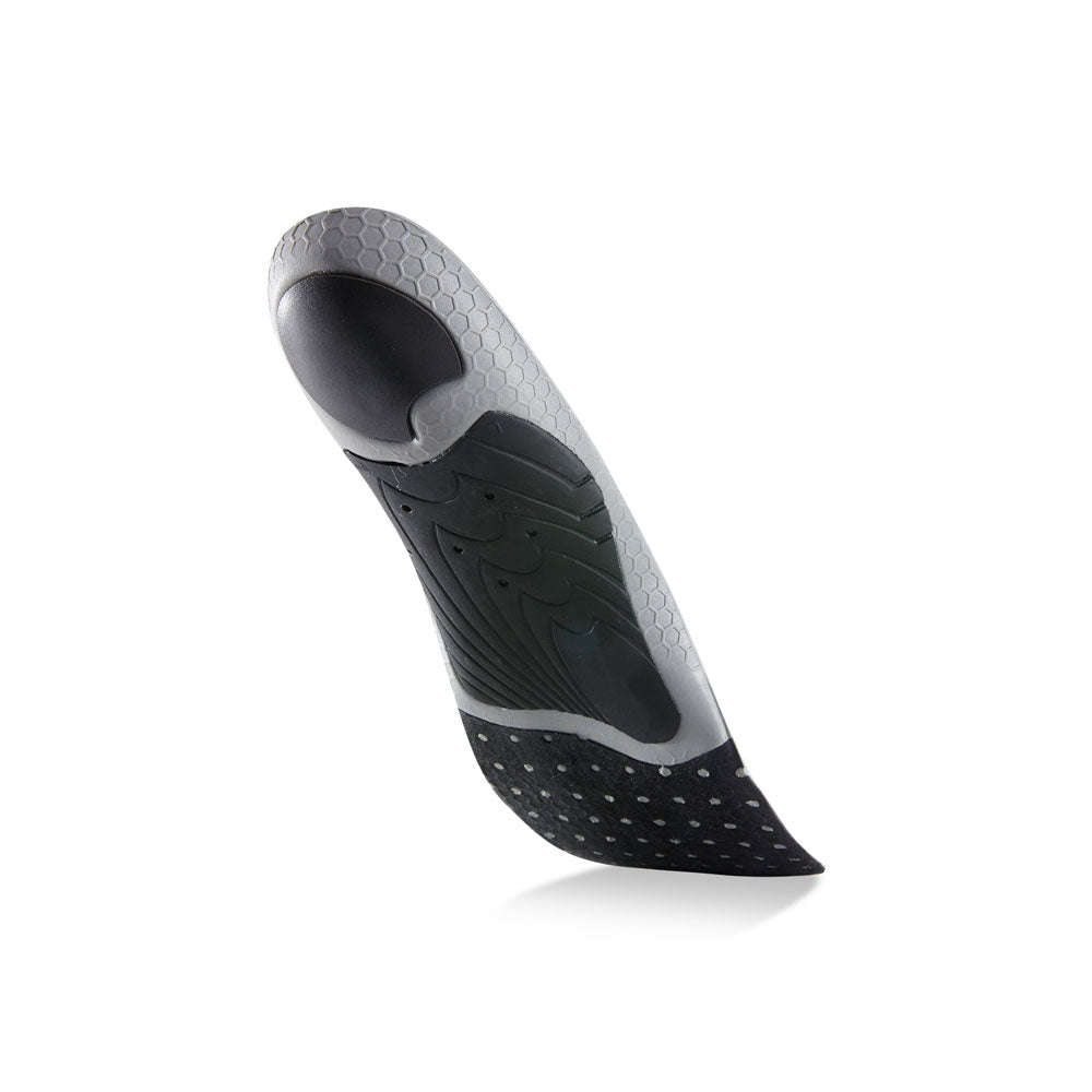 Floating base view of HOCKEYPRO high profile insoles with black arch support, black heel pad, black insulated forefoot cushioning, gray and black base #profile_high