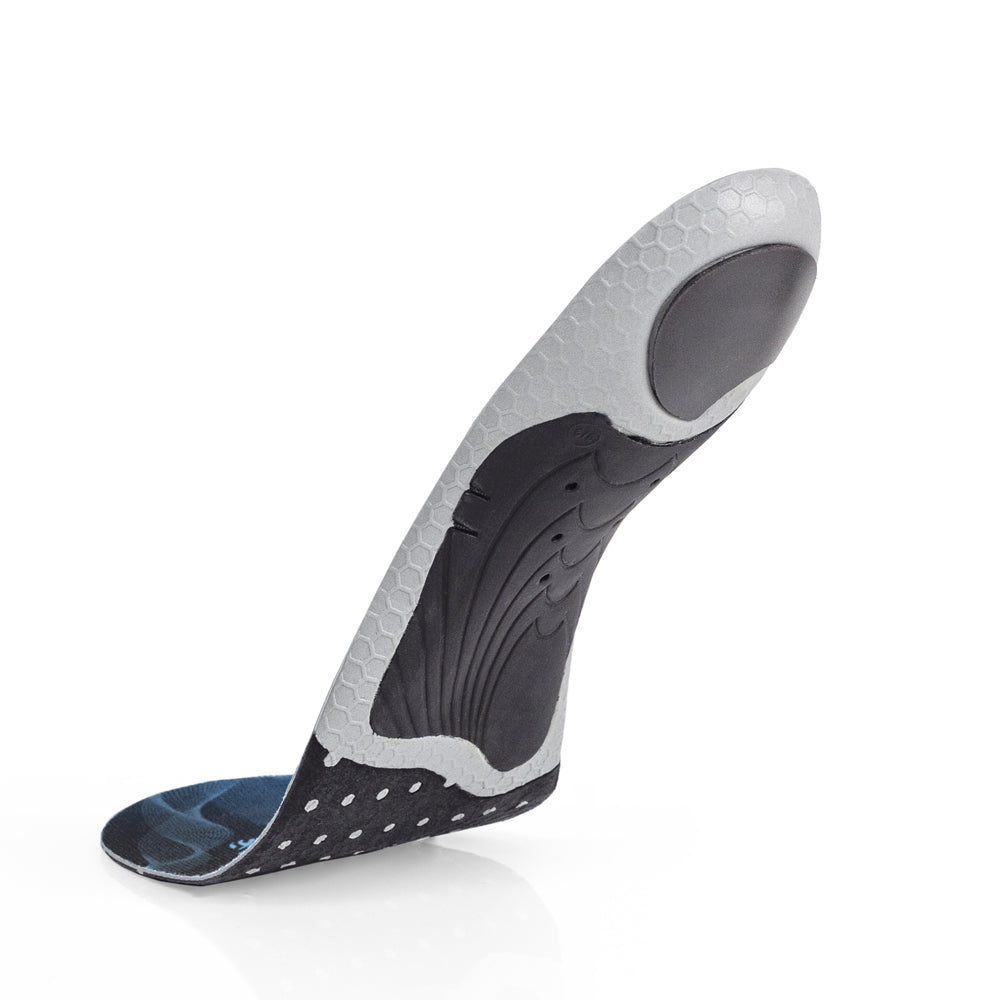 Floating base view of HOCKEYPRO high profile insoles with black arch support, black heel pad, black insulated forefoot cushioning, gray and black base #profile_high