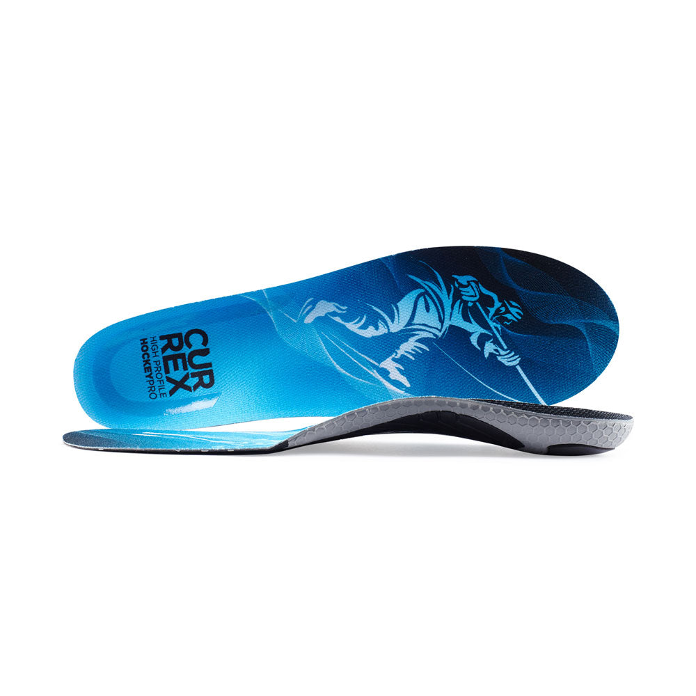 View of pair of blue high profile HOCKEYPRO insoles, one standing on side to show top of insole, second insole set in front showing its profile while toe is facing opposite direction #profile_high