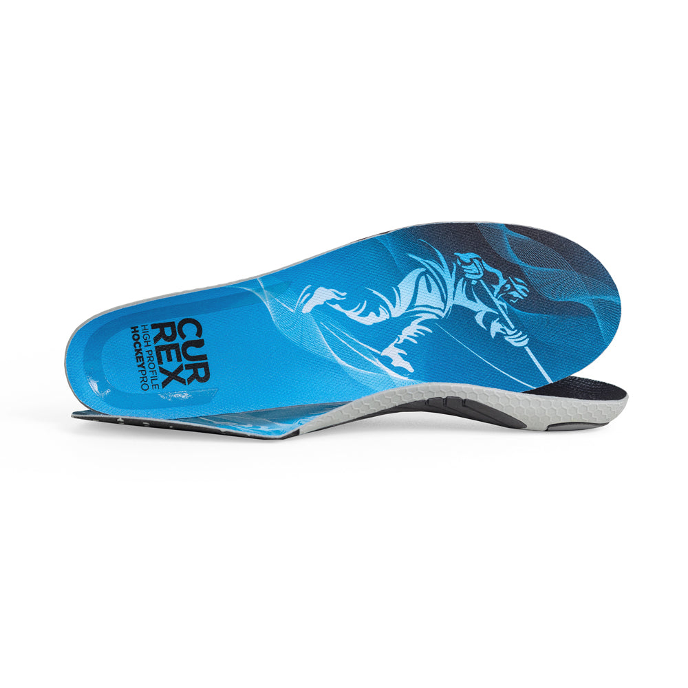 View of pair of blue high profile HOCKEYPRO insoles, one standing on side to show top of insole, second insole set in front showing its profile while toe is facing opposite direction #profile_high