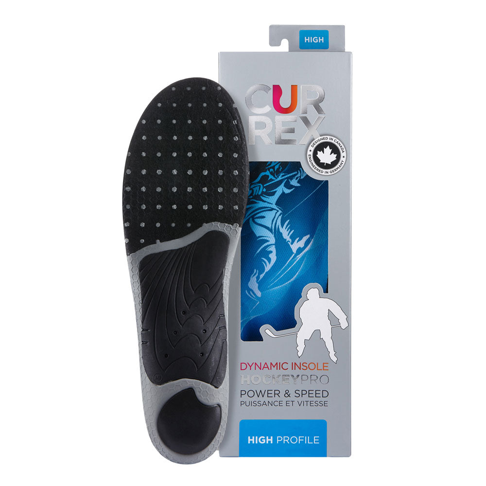 CURREX HOCKEYPRO insole with gray and black base next to gray box with blue insole inside #profile_high