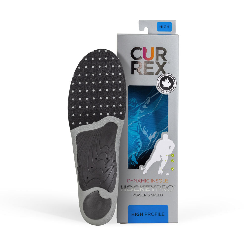 CURREX HOCKEYPRO insole with gray and black base next to gray box with blue insole inside #profile_high