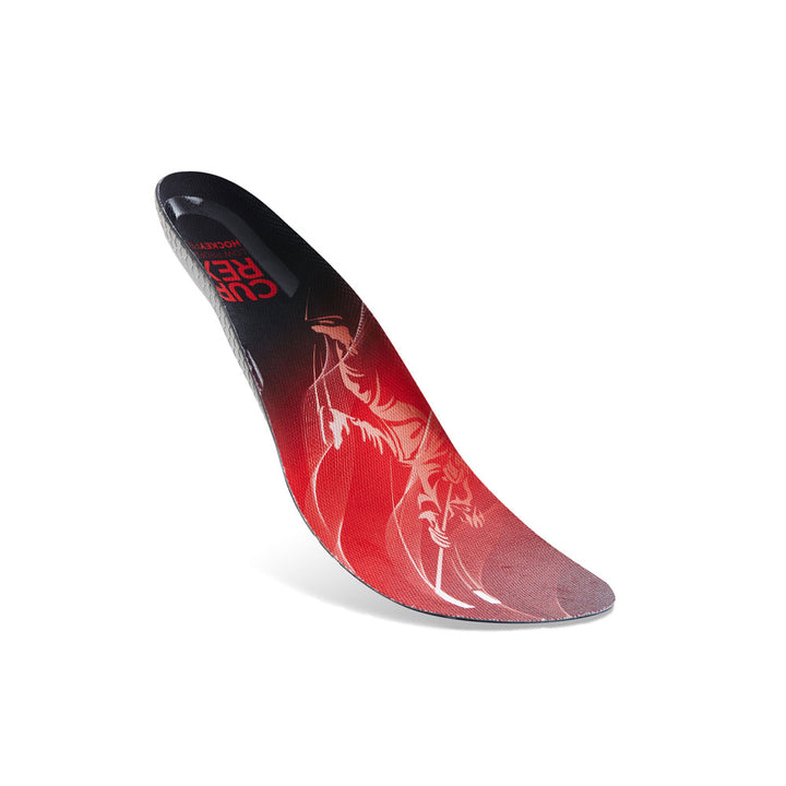 Floating top view of red colored HOCKEYPRO low profile insoles with gray and black base #profile_low