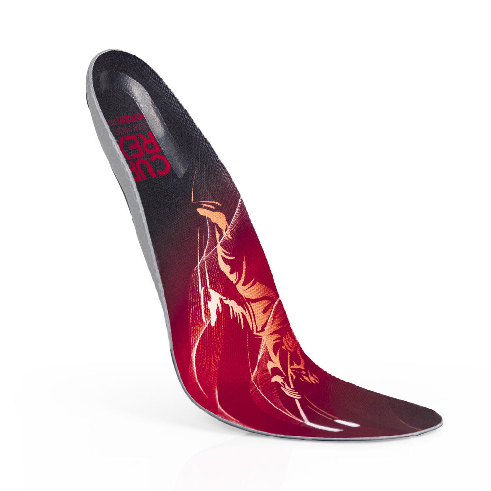Floating top view of red colored HOCKEYPRO low profile insoles with gray and black base #profile_low