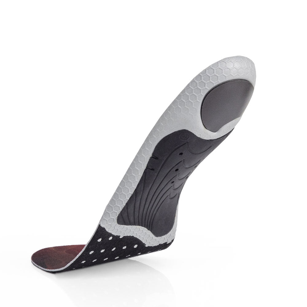 Floating base view of HOCKEYPRO low profile insoles with black arch support, black heel pad, black insulated forefoot cushioning, gray and black base #profile_low