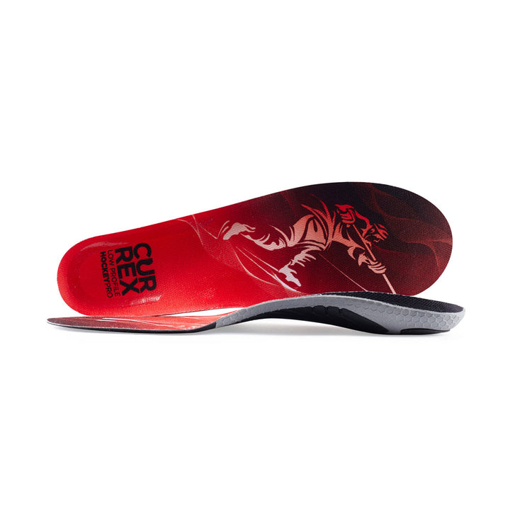 View of pair of red low profile HOCKEYPRO insoles, one standing on side to show top of insole, second insole set in front showing its profile while toe is facing opposite direction #profile_low