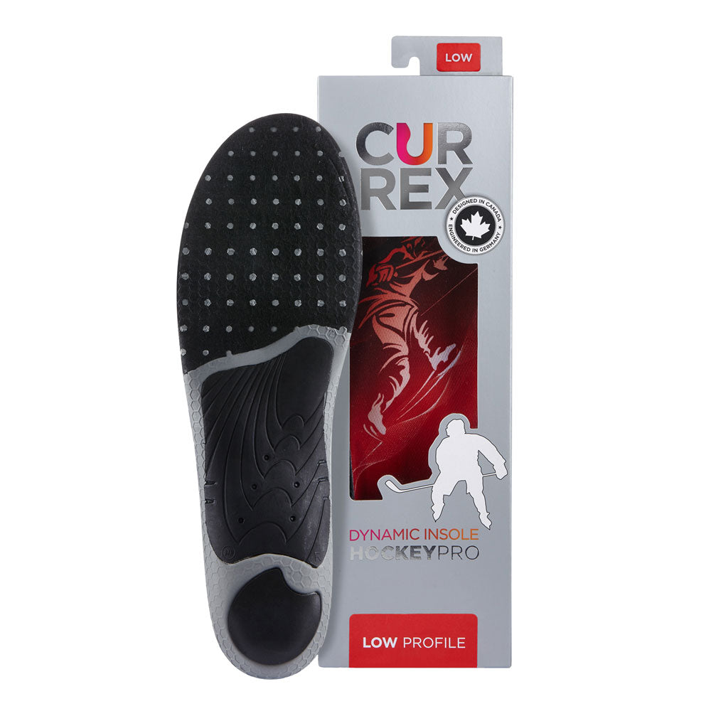 CURREX HOCKEYPRO insole with gray and black base next to gray box with red insole inside #profile_low