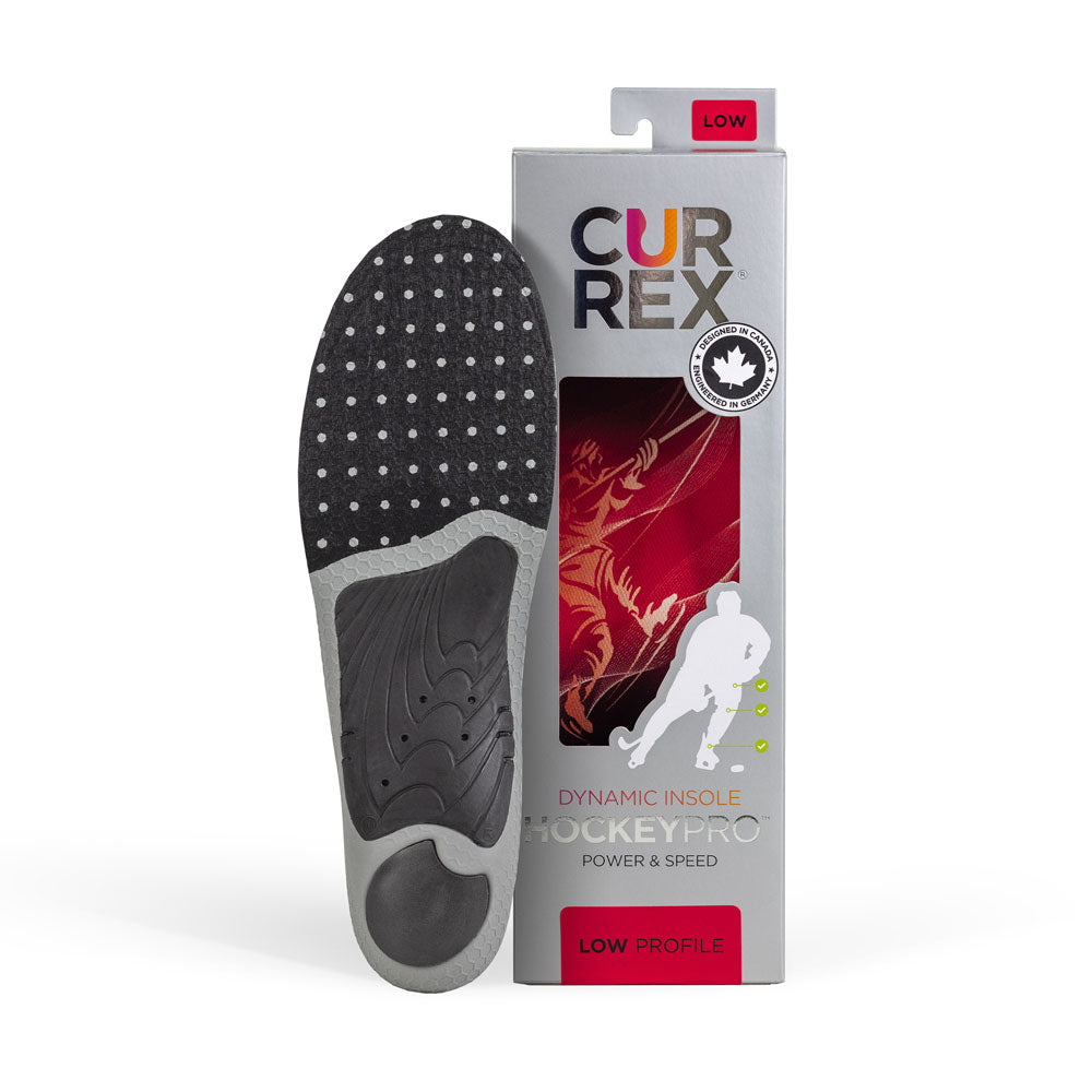 CURREX HOCKEYPRO insole with gray and black base next to gray box with red insole inside #profile_low
