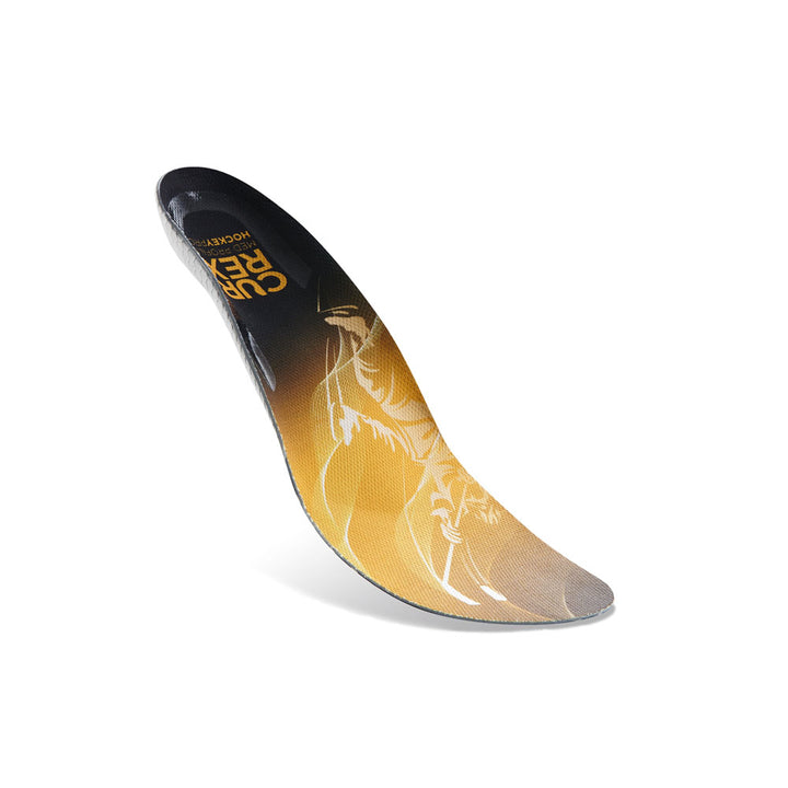 Floating top view of yellow colored HOCKEYPRO medium profile insoles with gray and black base #profile_medium