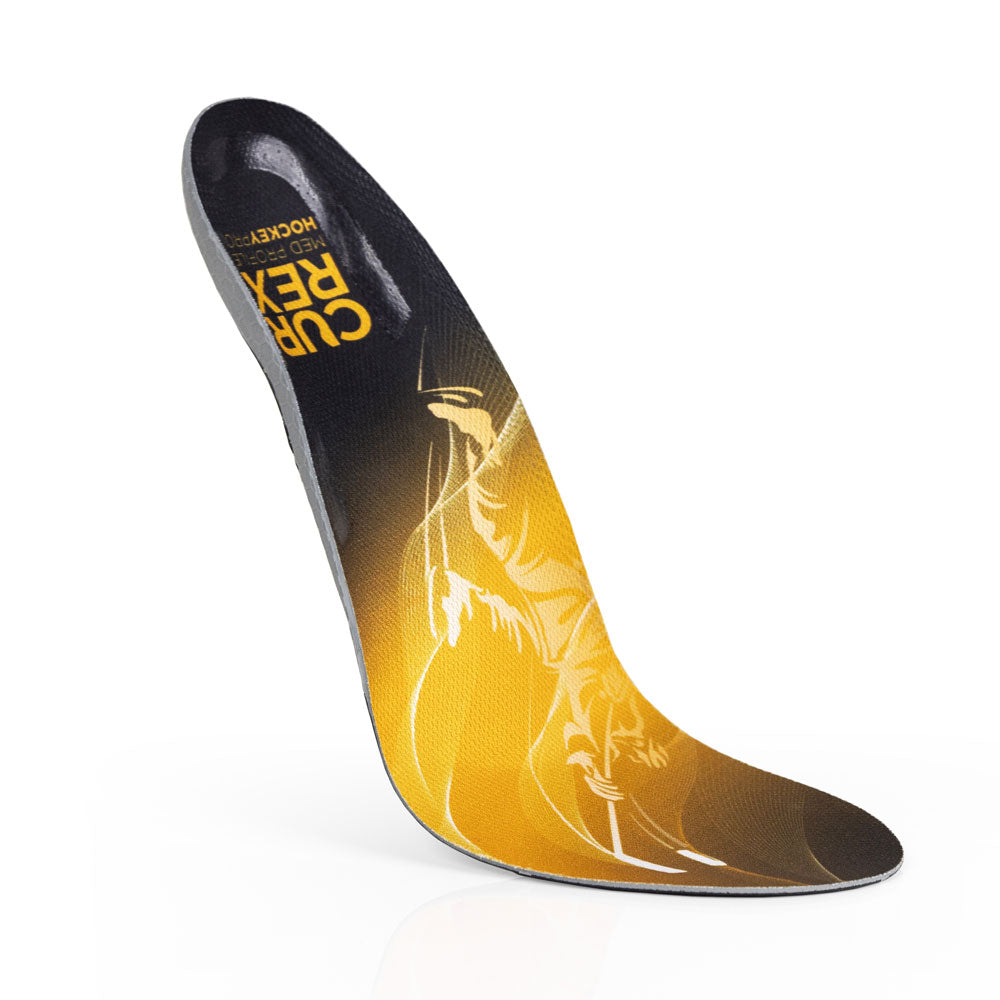 Floating top view of yellow colored HOCKEYPRO medium profile insoles with gray and black base #profile_medium