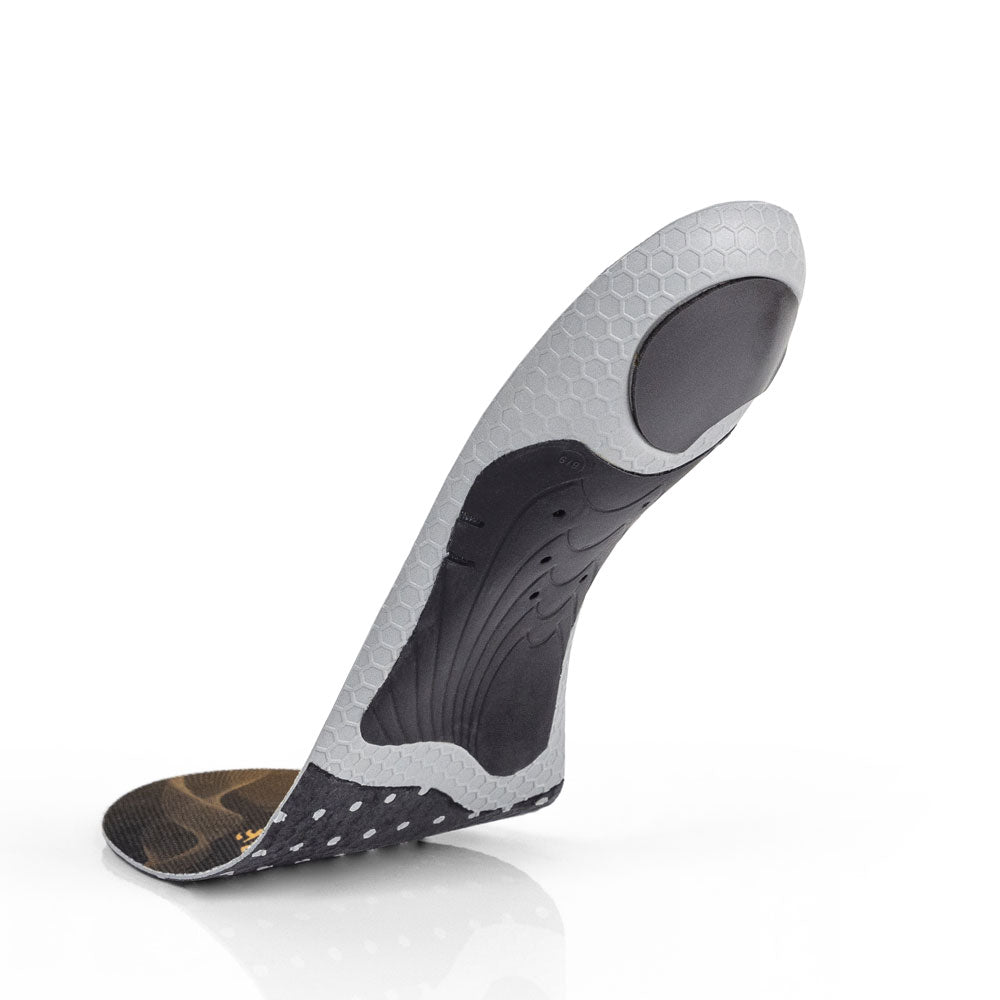 Floating base view of HOCKEYPRO medium profile insoles with black arch support, black heel pad, black insulated forefoot cushioning, gray and black base #profile_medium