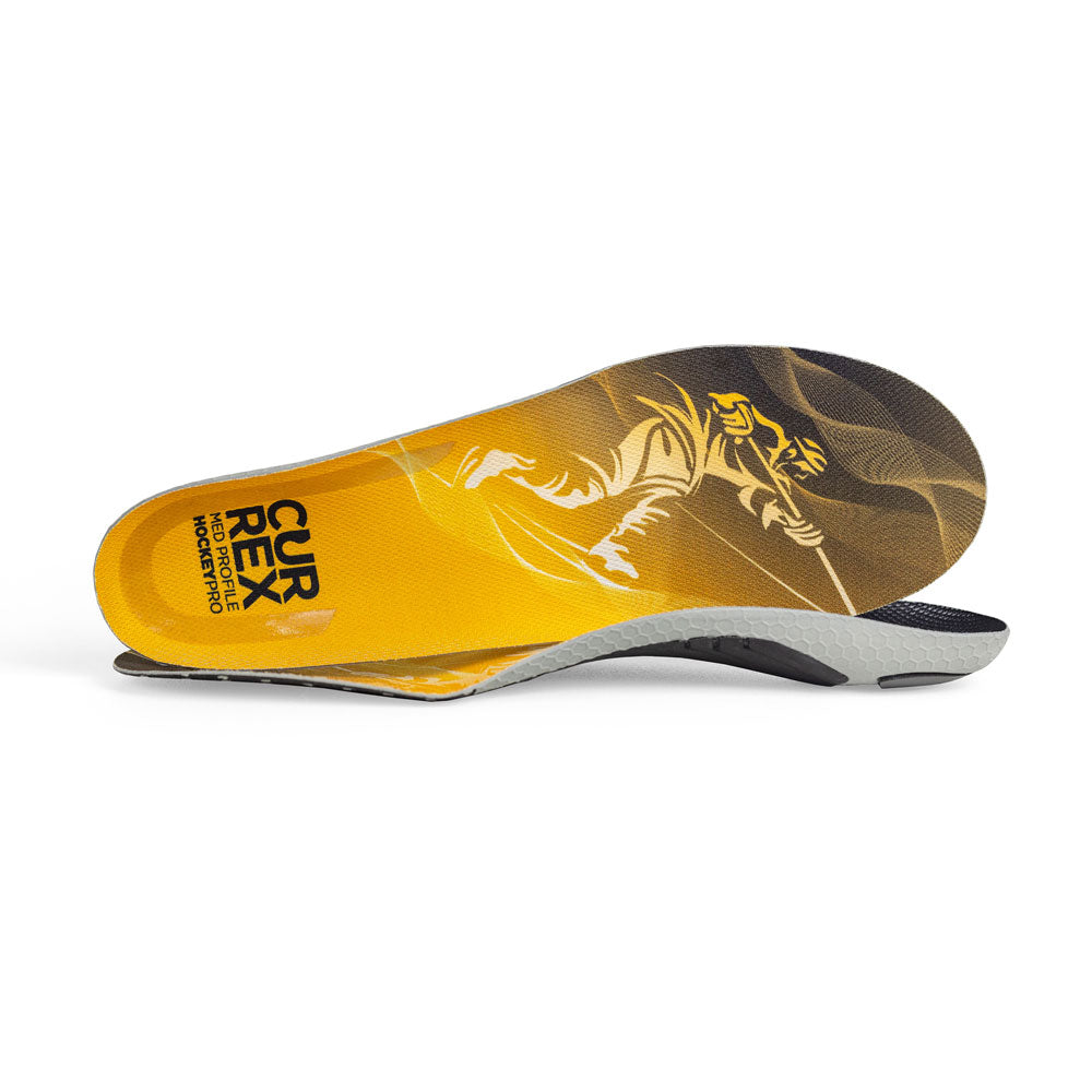 View of pair of yellow medium profile HOCKEYPRO insoles, one standing on side to show top of insole, second insole set in front showing its profile while toe is facing opposite direction #profile_medium