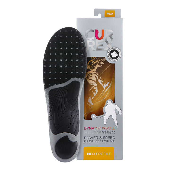 CURREX HOCKEYPRO insole with gray and black base next to gray box with yellow insole inside #profile_medium