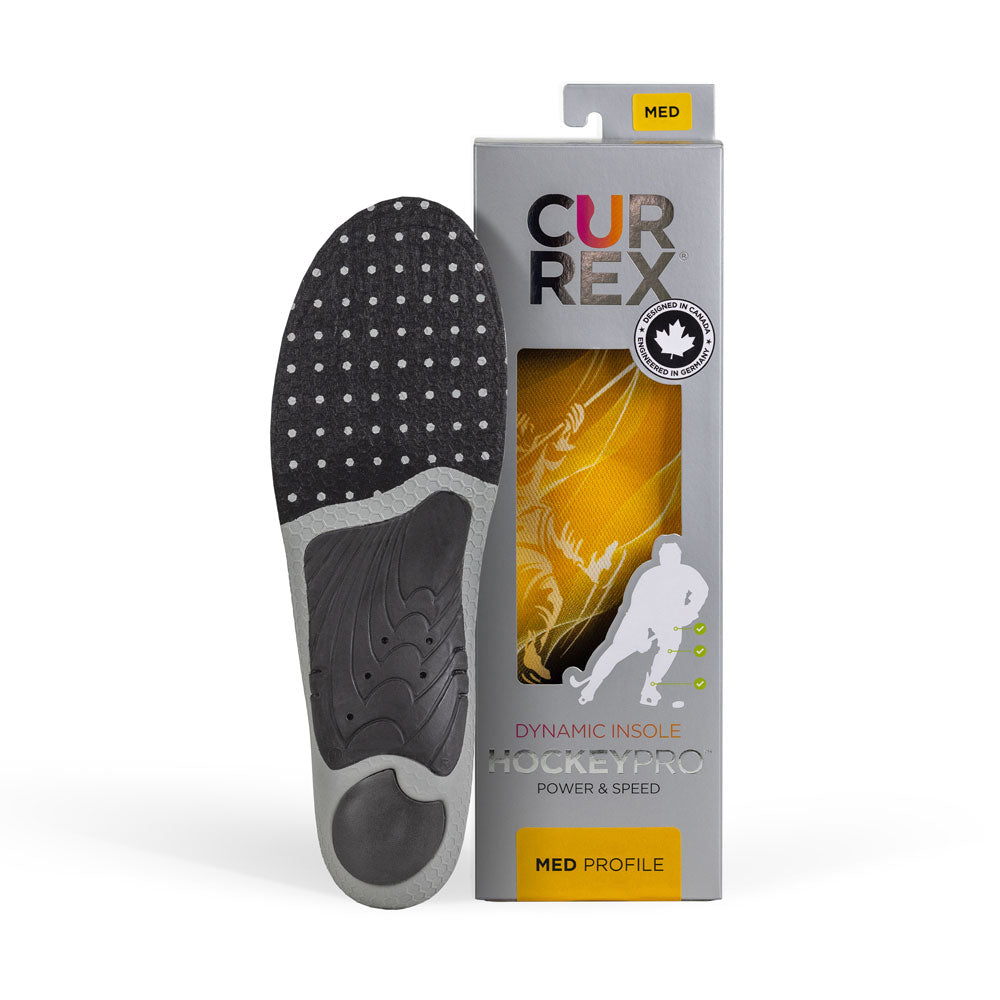 CURREX HOCKEYPRO insole with gray and black base next to gray box with yellow insole inside #profile_medium
