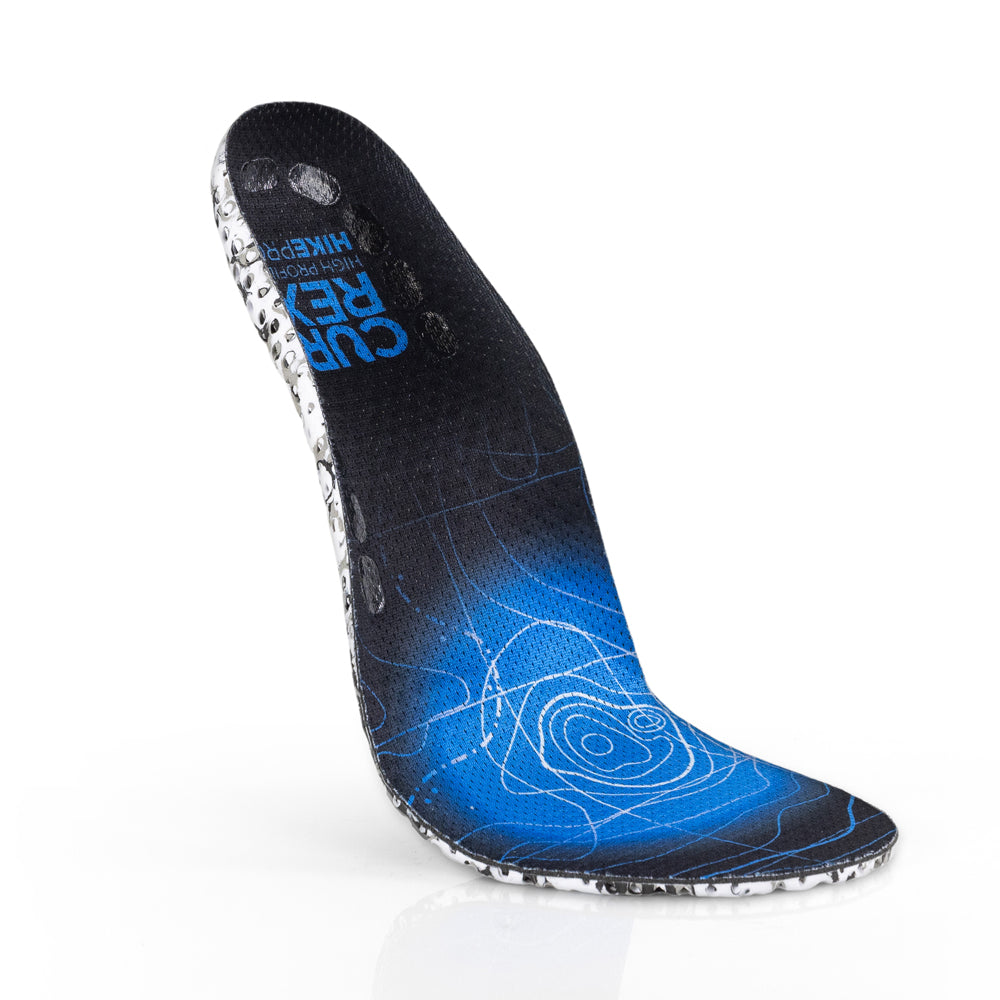 Floating top view of blue colored HIKEPRO high profile insoles with white and black camo base #profile_high