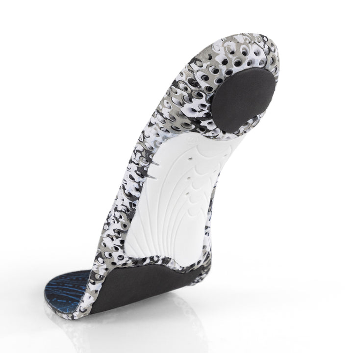 Floating base view of HIKEPRO high profile insoles with white arch support, gray heel pad, black forefoot cushioning pad, white and black camo base #profile_high