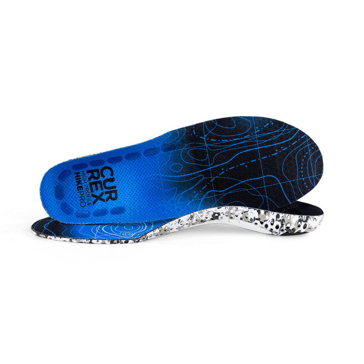 View of pair of blue high profile HIKEPRO insoles, one standing on side to show top of insole, second insole set in front showing its profile while toe is facing opposite direction #profile_high