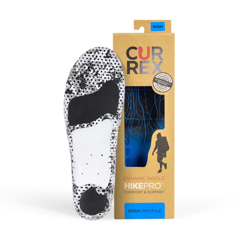 CURREX HIKEPRO insole with white and black camo base next to tan box with blue insole inside #profile_high