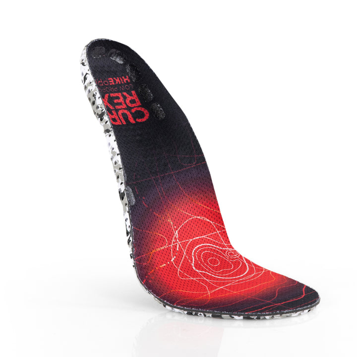 Floating top view of red colored HIKEPRO low profile insoles with white and black camo base #profile_low