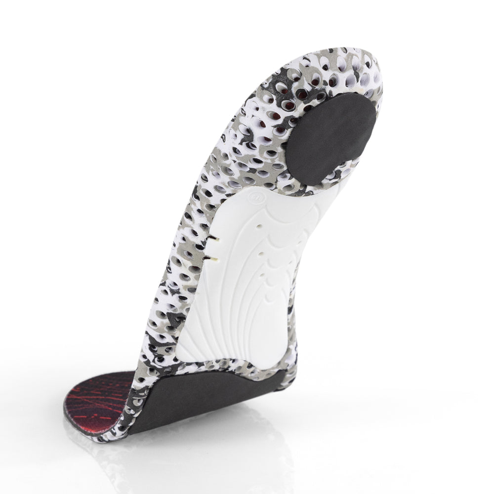 Floating base view of HIKEPRO low profile insoles with white arch support, gray heel pad, black forefoot cushioning pad, white and black camo base #profile_low