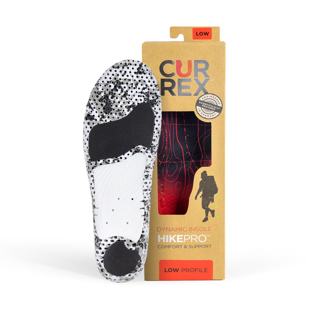 CURREX HIKEPRO insole with white and black camo base next to tan box with red insole inside #profile_low