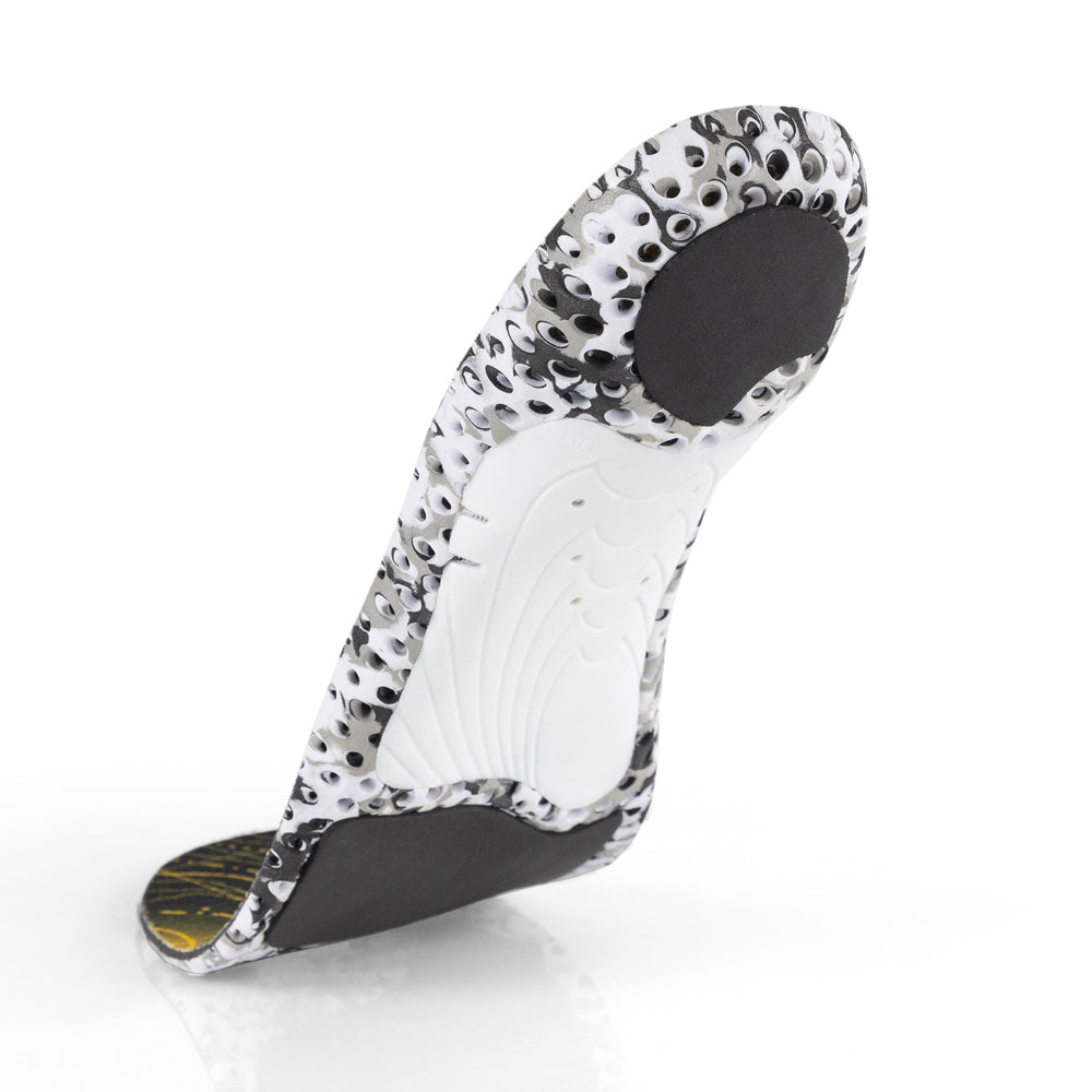 Floating base view of HIKEPRO medium profile insoles with white arch support, gray heel pad, black forefoot cushioning pad, white and black camo base #profile_medium